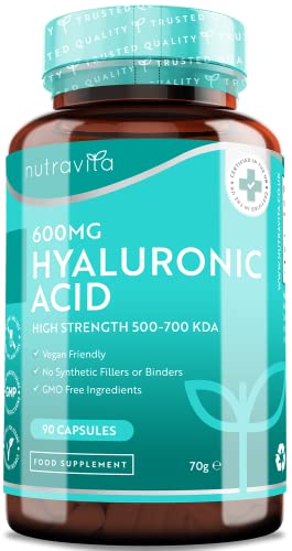 Cápsulas de ácido hialurónico - Suministro de 3 meses de cápsulas de ácido hialurónico de 600 mg - Dosis alta con 500-700 KDA - Sin OGM sin rellenos ni aglutinantes sintéticos - Nutravita