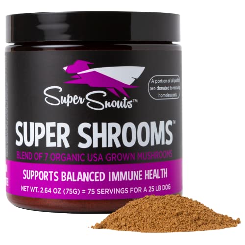 Super Shrooms – Super Snouts. Suplemento 100% Natural con 7 Hongos Medicinales Orgánicos. Apoyo del Sistema Inmune para Perros y Gatos. Bote de 75 gr.