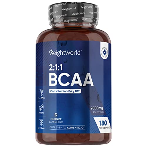 BCAA Aminoácidos Ramificados 2:1:1 2000mg - 180 Comprimidos Veganos, Sin Gluten, Lactosa y Apto Keto, Vitamina B6 y B12, L- Leucina, L- Isoleucina y L-Valina, Suministro para 3 Meses, Alta Resistencia