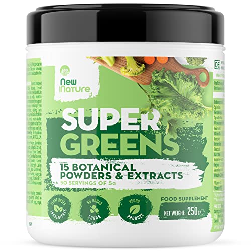 Super Greens por New Nature – 250g, 50 Raciones - Combinación de 15 Superalimentos Aptos para Vegetarianos y Veganos para su consumo diario - Cero Ingredientes Artificiales y Sin Azúcares añadidos
